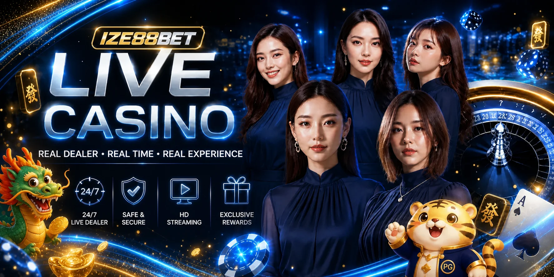 โต๊ะคาสิโนสดดีลเลอร์และตัวละคร PG บน IZE88BET